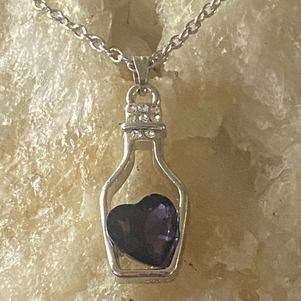 Amethyst Purple Crystal Gemstone Heart In Sterling Silver Bottle Necklace -New - Picture 11 of 13